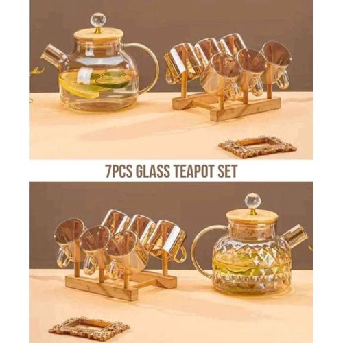 product_image_name-Generic-طقم اباريق زجاجية من 7 قطع مع غطاء من الخيزران، 6 اكواب زجاجية بمقبض، لون عسلي-4
