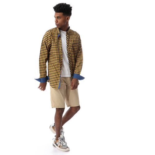 Ravin Plaided Buttoned Mustard Casual Shirt