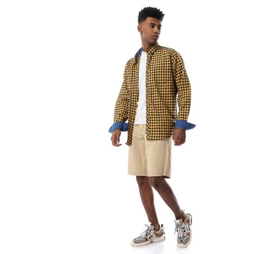 Ravin Plaided Buttoned Mustard Casual Shirt