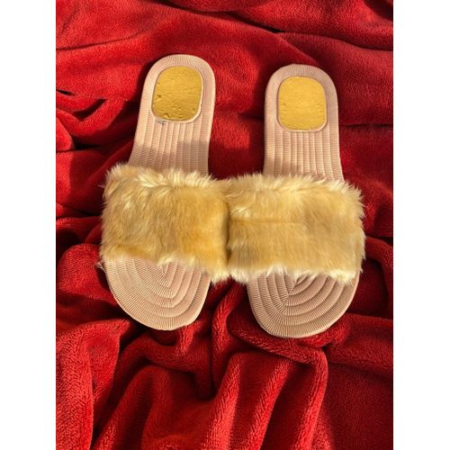Generic Gold Fur Slippers With Medical Comfortable Leather Sole