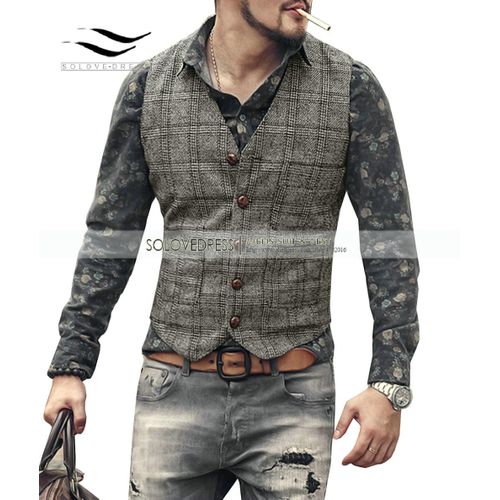 Fashion Silver Silver New Plaid Suit Vest For Men Wool Tweed