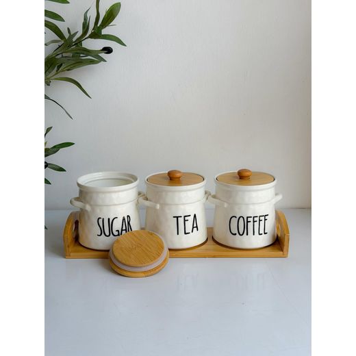 Generic 3-Piece Ceramic Tea, Coffee, and Sugar Storage Spice Set with Wooden Lid and Bamboo Tray – Stylish Kitchen Organizer - image 2