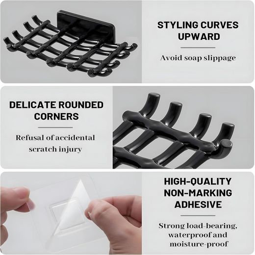 Generic Resistant Soap Dish - Self Draining Soap Dish with Hooks, Adhesive, Wall Mounted No Drilling, for Bathroom and Kitchen (Black+White) - image 3