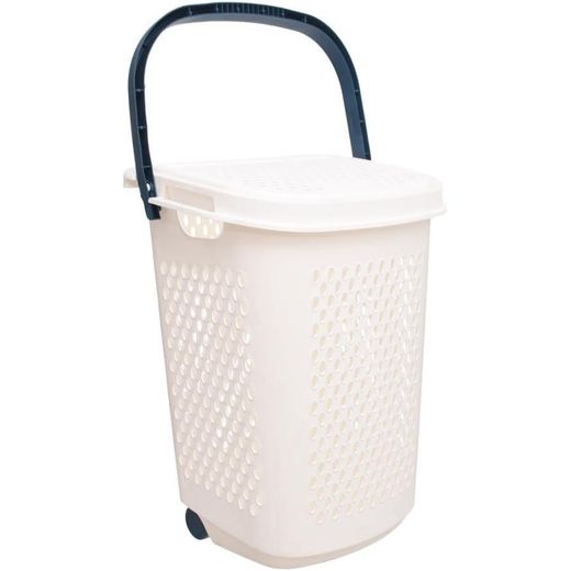 AKSA Lundry Basket with Lid and Wheels - White Dark Blue