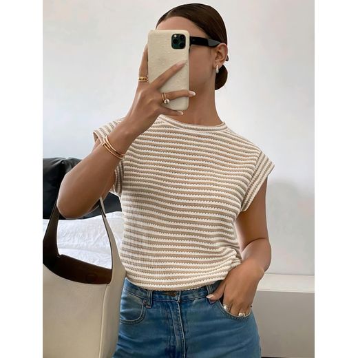 SHEIN Women's Casual Contrast Color Sleeveless Knitted Crew Neck T-Shirt BLOUSE