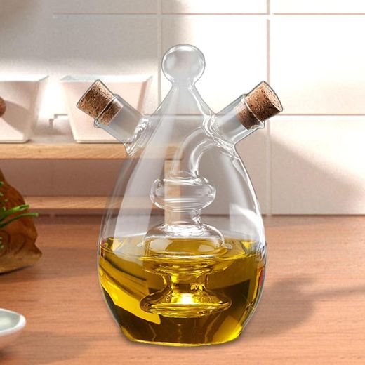 Generic 2-in-1 Glass Oil- Vinegar Dispenser Bottle - Dual Chamber Cruet 340ml + 50ml - Elegant Salad Dressing Bottle with Cork Stoppers