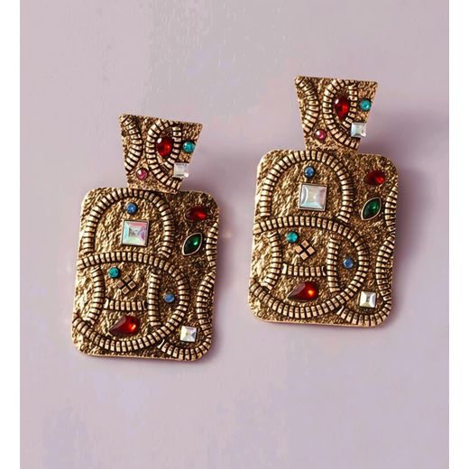 SHEIN  1 Pair Bohemian Style Geometric Alloy Inlaid Colorful Rhinestone Square Earrings