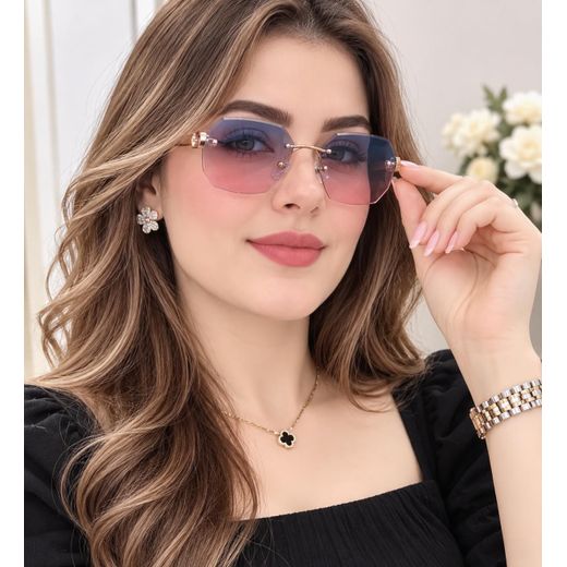 Women's Rimless Sunglasses with Blue-to-Pink Gradient Lenses – Elegance and Luxury in Every Look 