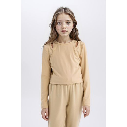 Defacto Slim Fit Slim Cut Crew Neck Ribbed Cotton Long Sleeve T-Shirt Girls'