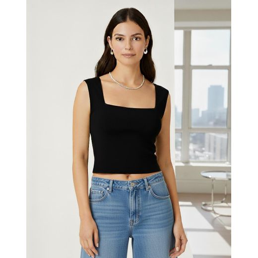 VATSHI Women’s Sleeveless Square Neck Crop Top, Casual Stretchy Tank, Black - image 2