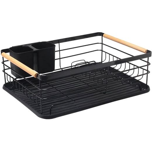 Generic Black Dish Drainer Rack Draining Board Rack Dish Rack with Removable Drip Tray, Sink Drainer Rack for Kitchen with Removable Cutlery Holder Wooden Handles, Black - image 2