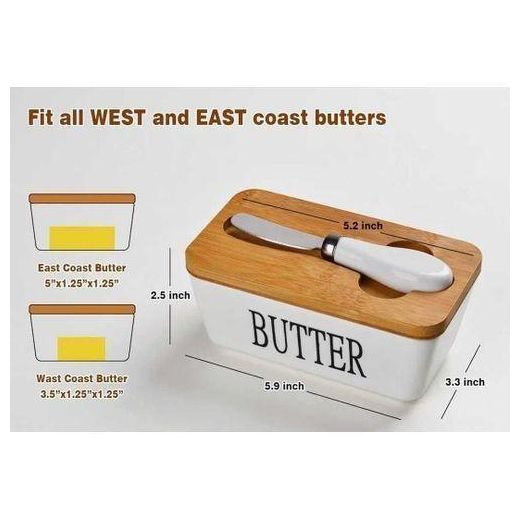 Generic High-quality porcelain butter container with wooden lid and knife - image 2