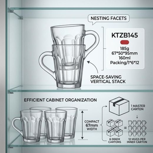 Blinkmax Set of 6 Heat Resistant Glass Mugs, Faceted Stackable Design, Comfortable Handle, for Coffee and Tea at Home and Office - image 2