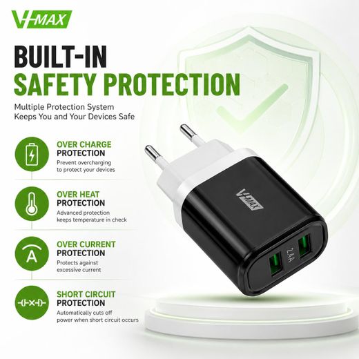 V Max V-MAX C23 12W Dual USB Wall Charger with Micro USB Cable - Black - image 4