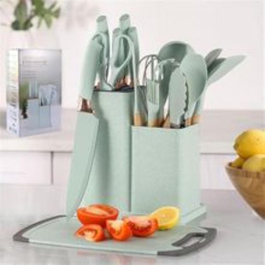 18-Piece Silicone Utensil and Knife Set with Cutting Board and Stand – Green