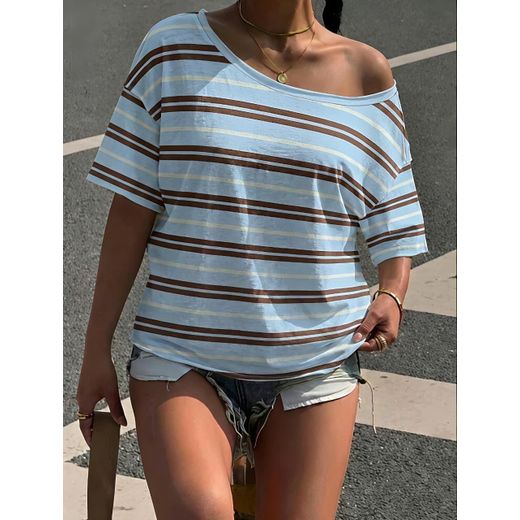 SHEIN Casual Streetwear Minimalist Blue And Brown Graphic Loose Short Sleeve T-Shirt For Women Summer Top Daytime