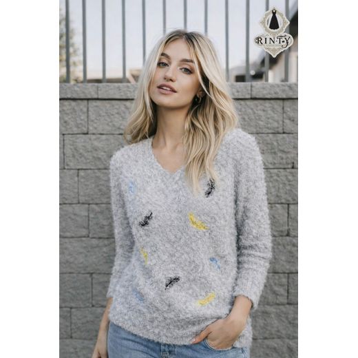 Generic A light grey winter pullover with feather embroidery and a comfortable fit for a cozy, stylish look. - image 3