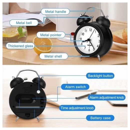Generic Old Fashioned Alarm Clock With Backlight, Retro Non-Ticking Desk Clock (Black) Large Size - image 2