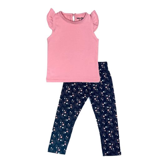 Baby Co. Stars Cotton Baby Set - Pink T-shirt + Black Stars Leggings