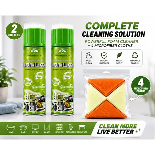 YNI 2-Pack Universal Foam Cleaner with 4 Microfiber Cleaning Cloths – Complete Multi-Purpose Cleaning Kit – 650ml Each