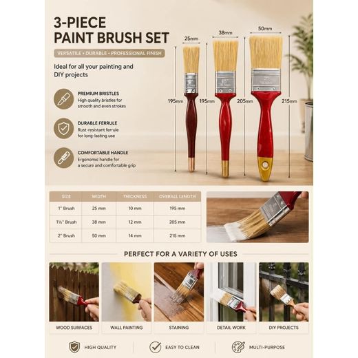 Generic 3-piece paintbrush set – natural bristles – comfortable wooden handles – sizes 1, 1.5, 2 inches – suitable for painting walls, wood, metal, and finishing work - image 2