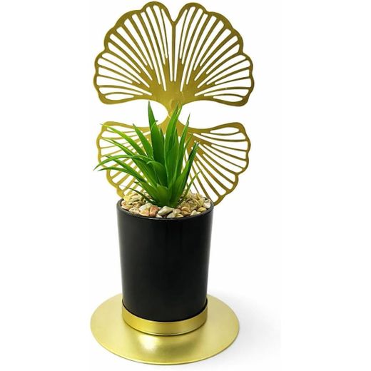 Generic Gold Artificial Planter Premium Ginkgo Leaf in Black Pot and Metal Base, Chic Masterpiece Decorative Plant for Table, Buffet, Wall Shelves, High-End Art Accessory for Entryways, Councils, Luxury Look