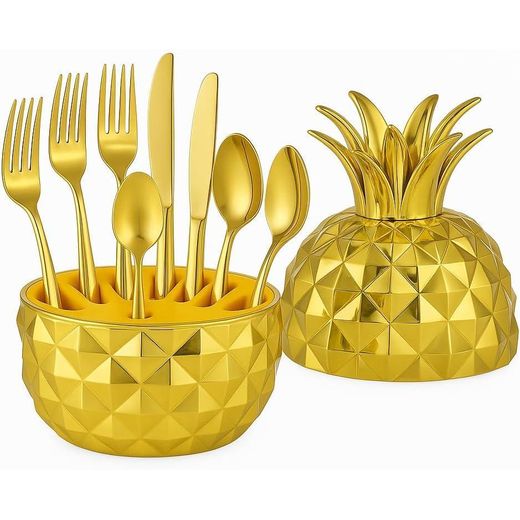 Generic Pineapple Shaped Cutlery Holder, Gold, Spoon and Fork Organizer, Decorative Geometric Design - image 3