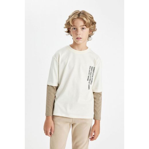 Defacto Boy Crew Neck Oversize Fit Long Sleeve T-Shirt - Ecru - image 2