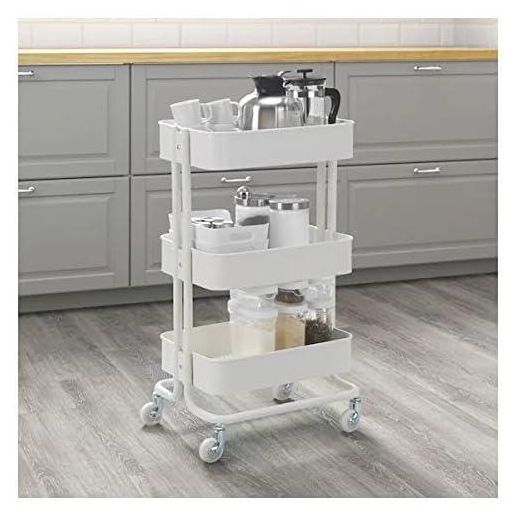 Generic 3-Tier Rolling Utility Cart with Wheels & Side Hanging Hooks – Mobile Storage Organizer Trolley for Kitchen, Pantry, Bathroom & Coffee Corner - White - image 3