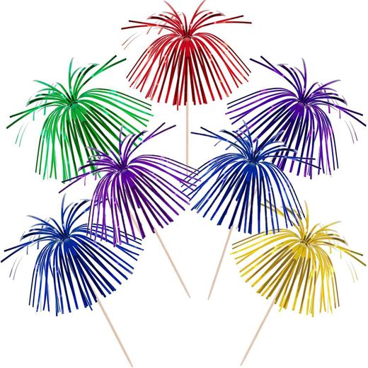 Generic Panzo Products Pack of 50 Palm Tree Picks Cocktail Stick Decorations 6 Colours Included Wooden Sticks Dessert or Cupcake Toppers Foil Drink Accessories Bars Weddings Birthday Party Supplies