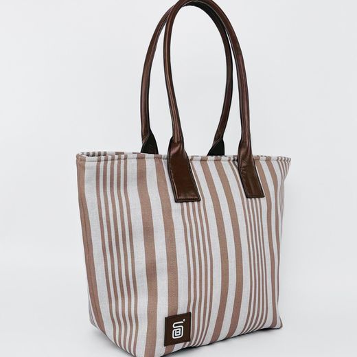 B.S COLLECTION Canvas Tote & Shoulder Bag Premium Striped Canvas with Leather Handles - Cafe - image 2