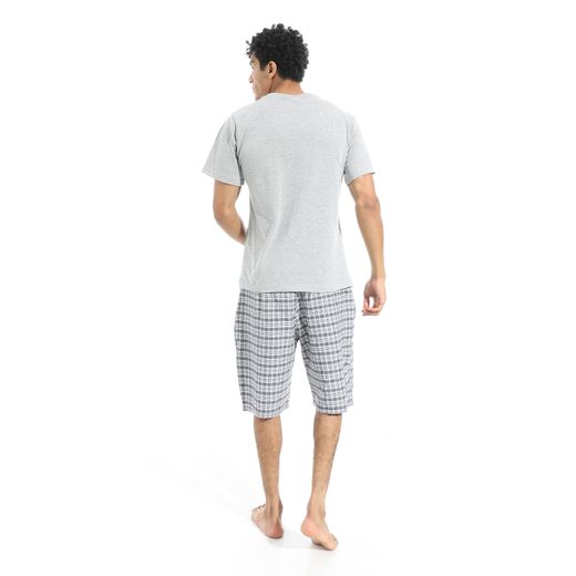 Red Circle V Neck Shape Half Sleeves T-Shirt With Caro Short Pijama Set - Grey & Baby Blue - image 3