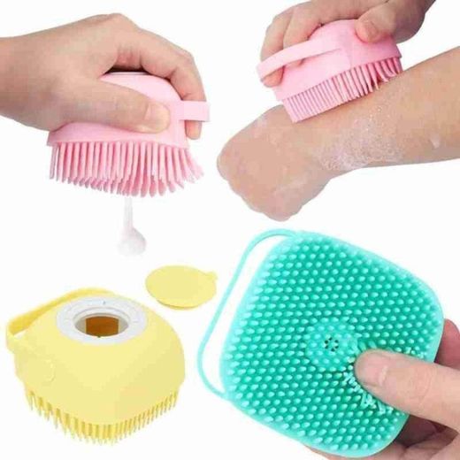 Generic Body Bath Brush Silicone Reusable Body Scrubber Bath Shower Brush Soft Bristle Massager with Fill Soap Dispenser For Body Wash Massage Gentle Skin Scalp Scrub Smoother Hair Comb (Pink) - image 3
