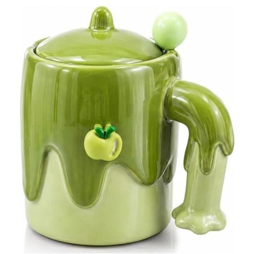 Generic Unique Matcha Green Porcelain Mug with Lid Distinctive Droplet Design, Creative Handle, Green Apple Accent, Spherical Knob Lid, Matcha Green Color