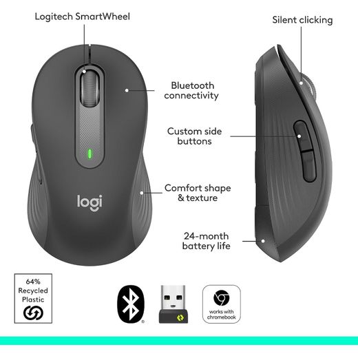 Logitech  Signature M650 Wireless Mouse - for Small to Medium Sized Hands, 2-Year Battery, Silent Clicks, Customisable Side Buttons, Bluetooth -Graphite - image 2