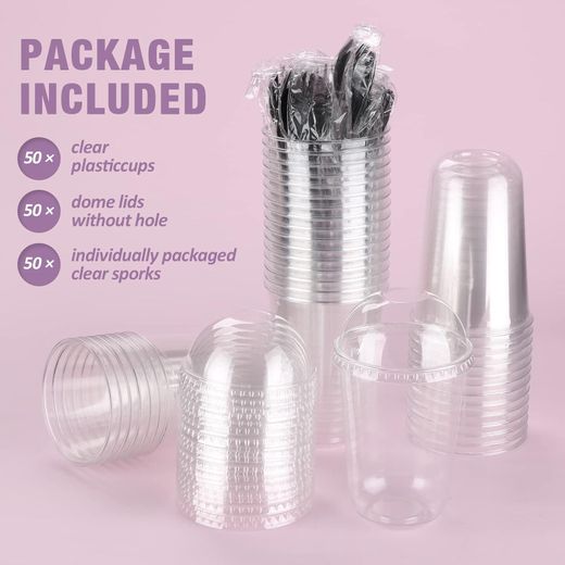 Generic 16oz Disposable Plastic Cups with Dome Lids (No Hole)50 pack Dessert Cups for Plastic Fruit Ice Cream Cake and Mini Snack Bowls - image 2