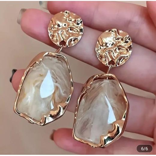 Generic Statement Marbled Beige and Hammered Gold Drop Earrings - image 2