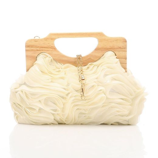 Mr Joe Chiffon Ruffled Evening Bag With Wooden Handle Beige