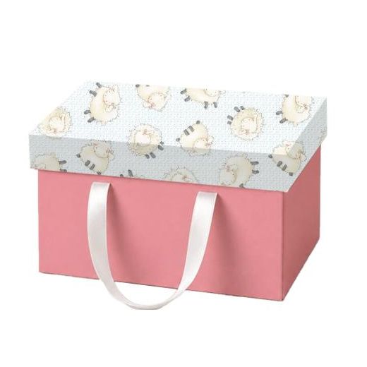 Gift Box with Ribbon Handles, pink and White, Sheep Pattern Lid, Storage and Gifting Eid Al Adha 
