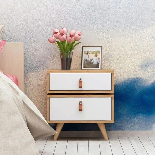 Generic Modern Nightstand with 2 Drawers & Leather Handles - White & Wooden Finish