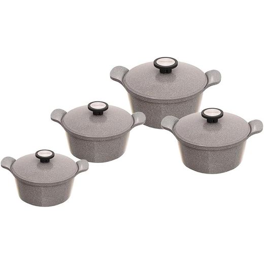 Neoflam Granite Cookware Set of 11 Pieces (4 Pots with Lids 20-28, 1 Fry Pan 24, 2 Silicone Grips) - Gray - image 2