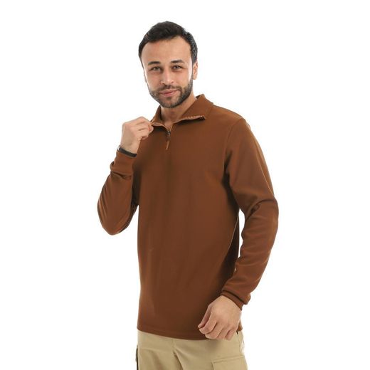 Kady Turned Down Collar Half Zipper Closure Light Brown Sweatshirt - image 2