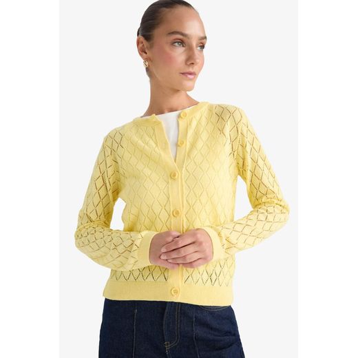 Defacto Regular Fit Crew Neck Openwork Knit Cardigan