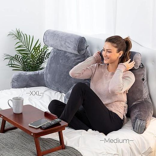 Generic Husband Pillow Medium Reading Pillow with Arms - 23" Backrest for Sitting Up in Bed - Firm Support Bed Rest Pillow for Adults, Neck Roll, Removable Cover - TV, Reading, Lounging - Dark Grey - image 3