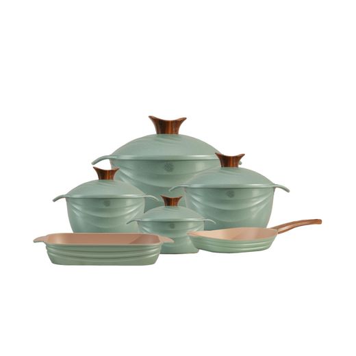 NeoKlein Granite Cookware Set 10 pieces Mint Green (4 Casserole Pots, 1 Square Grill Pan & 1 Rectangular Oven Dish with Lids) - Mint Green with Wood-Grain Knobs )