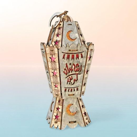 AA122 Decorative Ramadan LED Lantern, Wooden Laser Cut Design with Stars and Moon, Square (Beige)