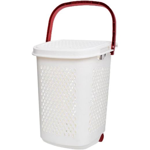 AKSA Lundry Basket with Lid and Wheels - White Red - image 3