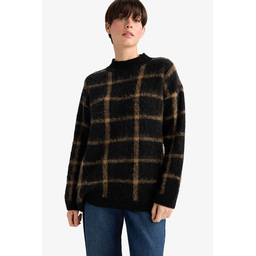 Defacto Oversize Fit Half Turtleneck Plaid Knitwear Pullover