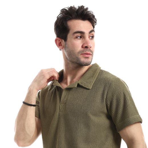 Red Circle Solid Basic Polo Shirt With Double Buttons - Olive - image 4