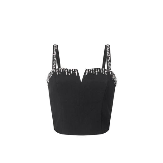 Generic Embellished Black Cropped Bustier Top with Crystal Straps & V-Neck Detail - image 2
